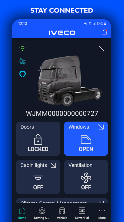 Application IVECO ON affichant état des portes et fenêtres